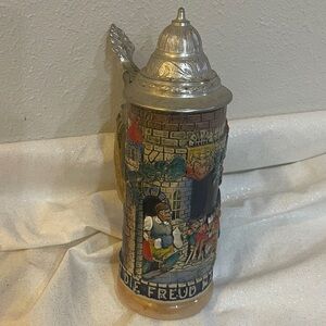 Vintage Western German Beer Stein with hinged Pewter Lid